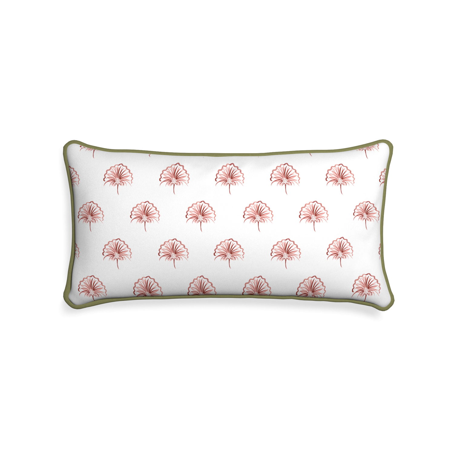 rectangle pink floral pillow with moss green piping