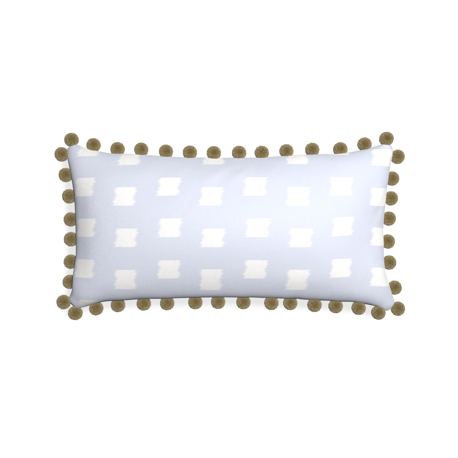 Midi-lumbar denton custom sky blue patternpillow with olive pom pom on white background