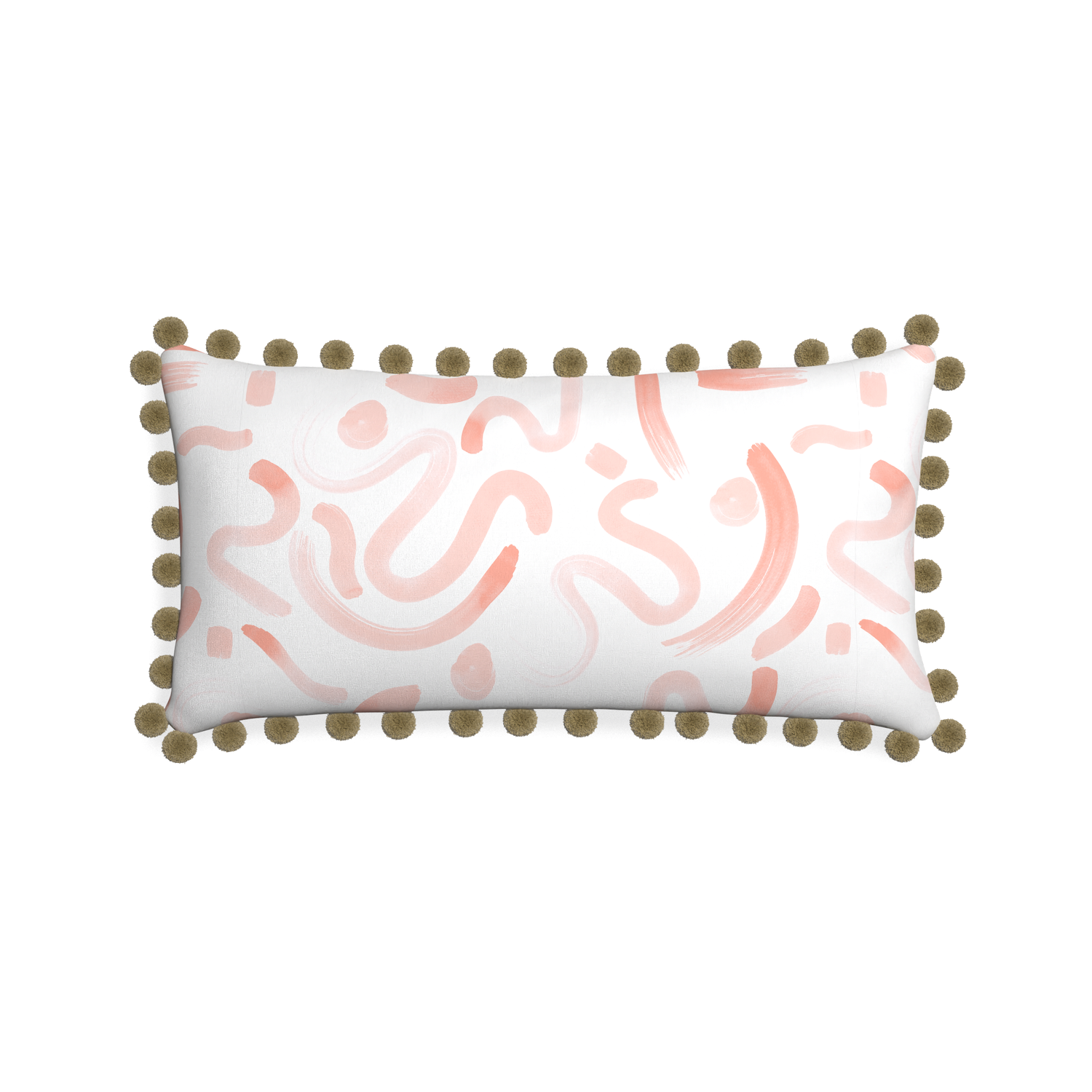 Midi-lumbar hockney pink custom pink graphicpillow with olive pom pom on white background