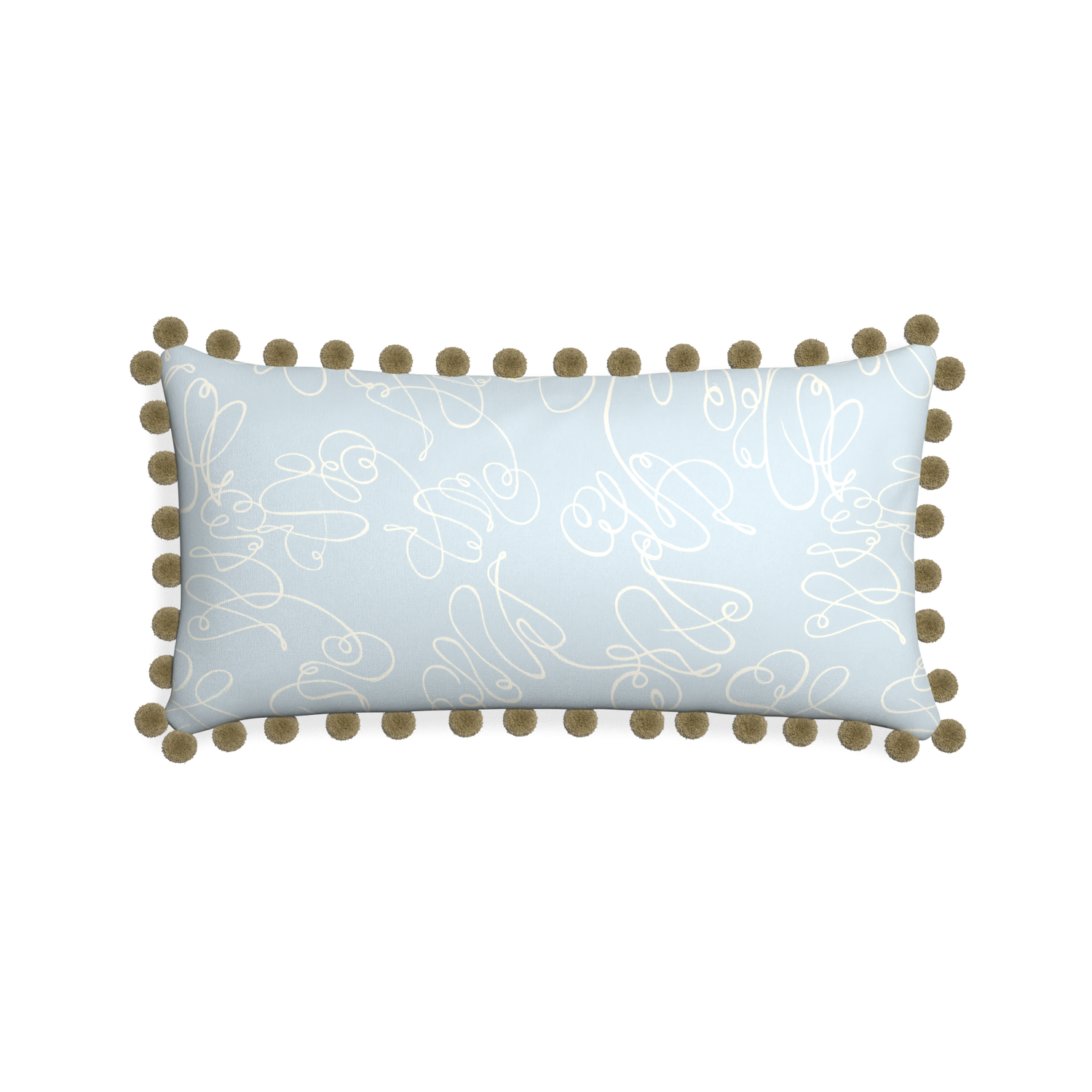 Midi-lumbar mirabella custom powder blue abstractpillow with olive pom pom on white background