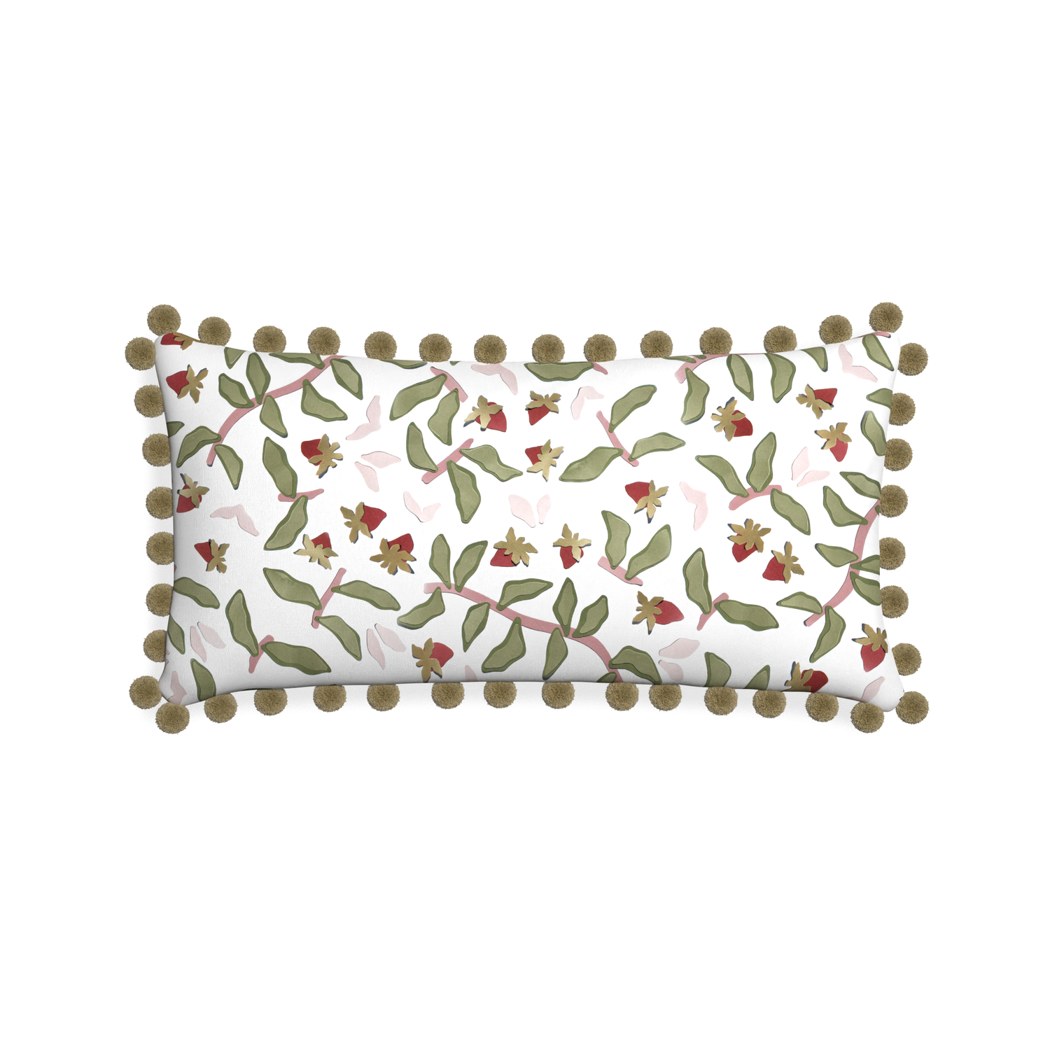 Midi-lumbar nellie custom strawberry & botanicalpillow with olive pom pom on white background