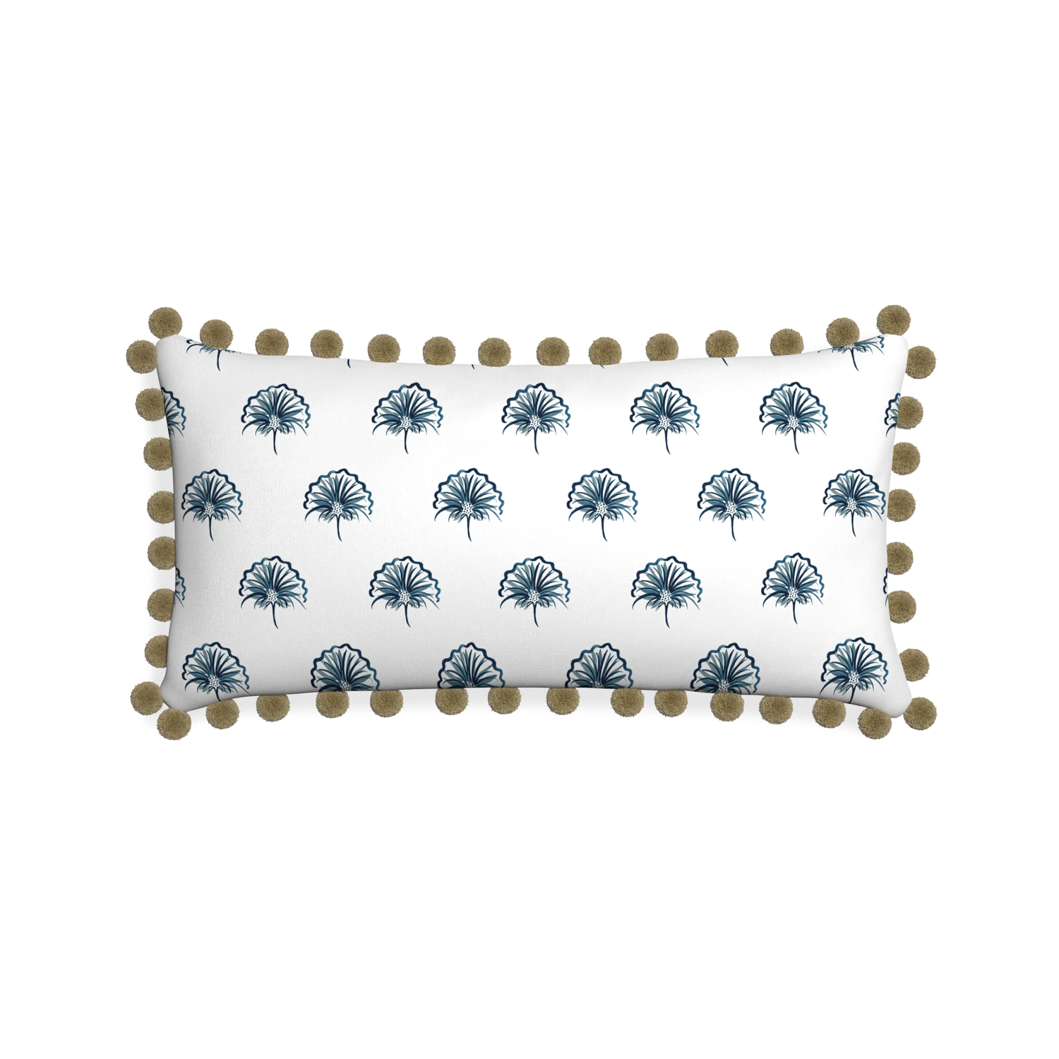Midi-lumbar penelope midnight custom floral navypillow with olive pom pom on white background