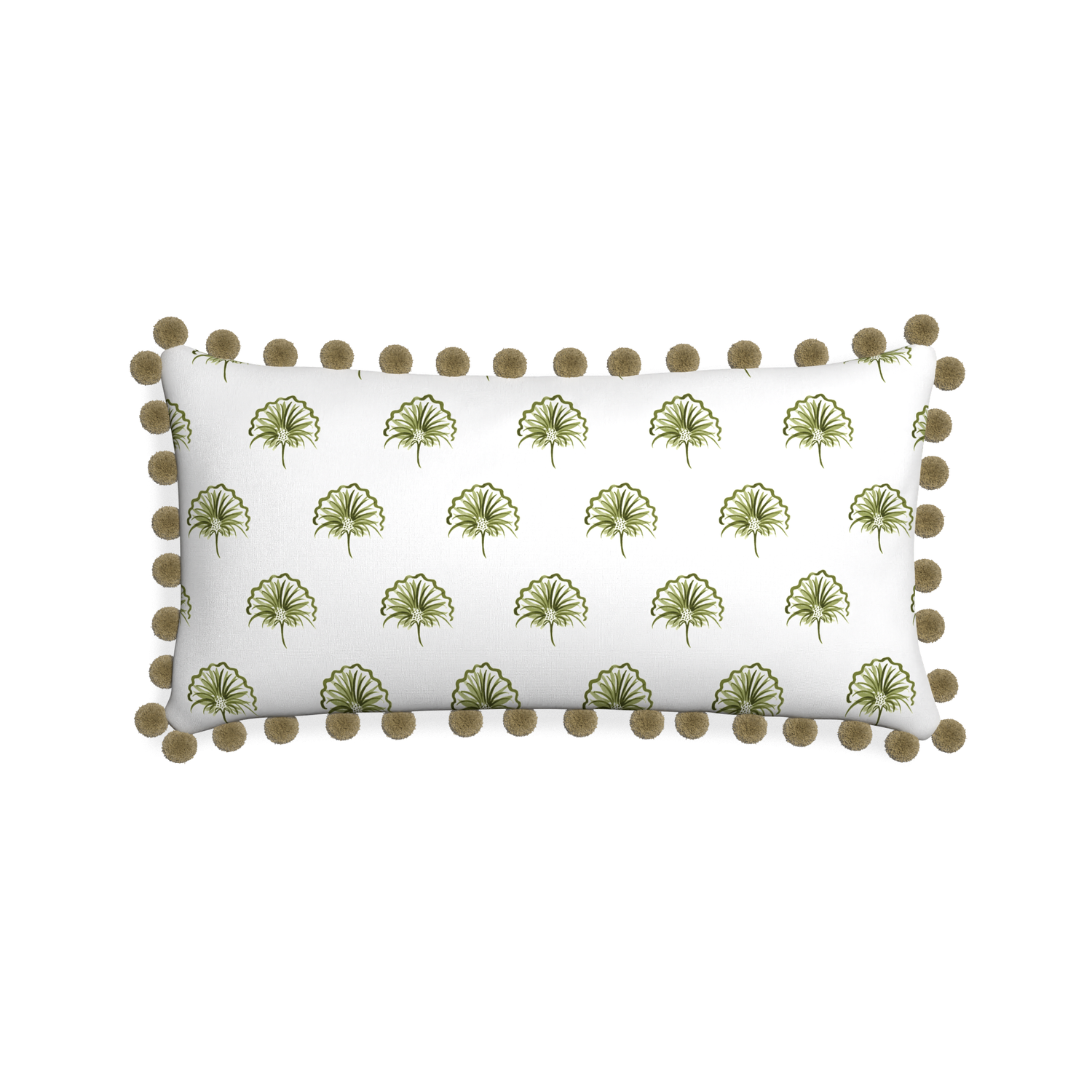Midi-lumbar penelope moss custom green floralpillow with olive pom pom on white background
