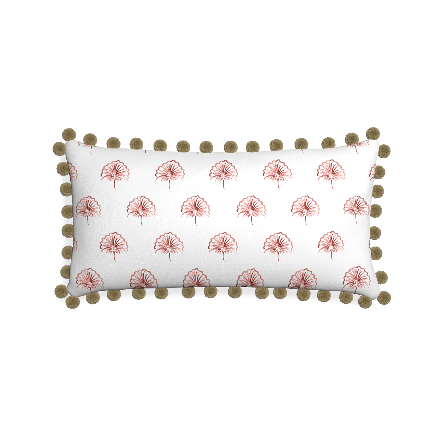 Midi-lumbar penelope rose custom floral pinkpillow with olive pom pom on white background