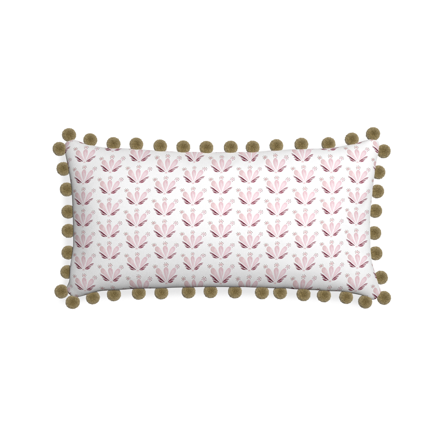 Midi-lumbar serena pink custom pink & burgundy drop repeat floralpillow with olive pom pom on white background