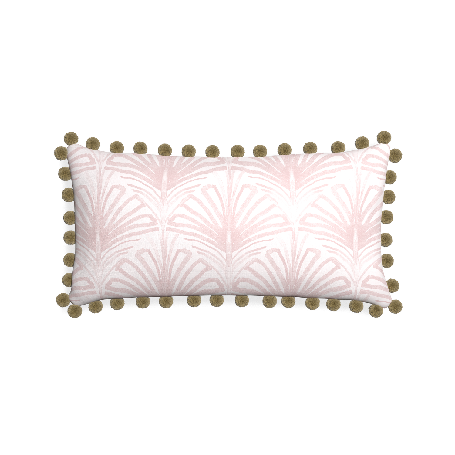 Midi-lumbar suzy rose custom rose pink palmpillow with olive pom pom on white background