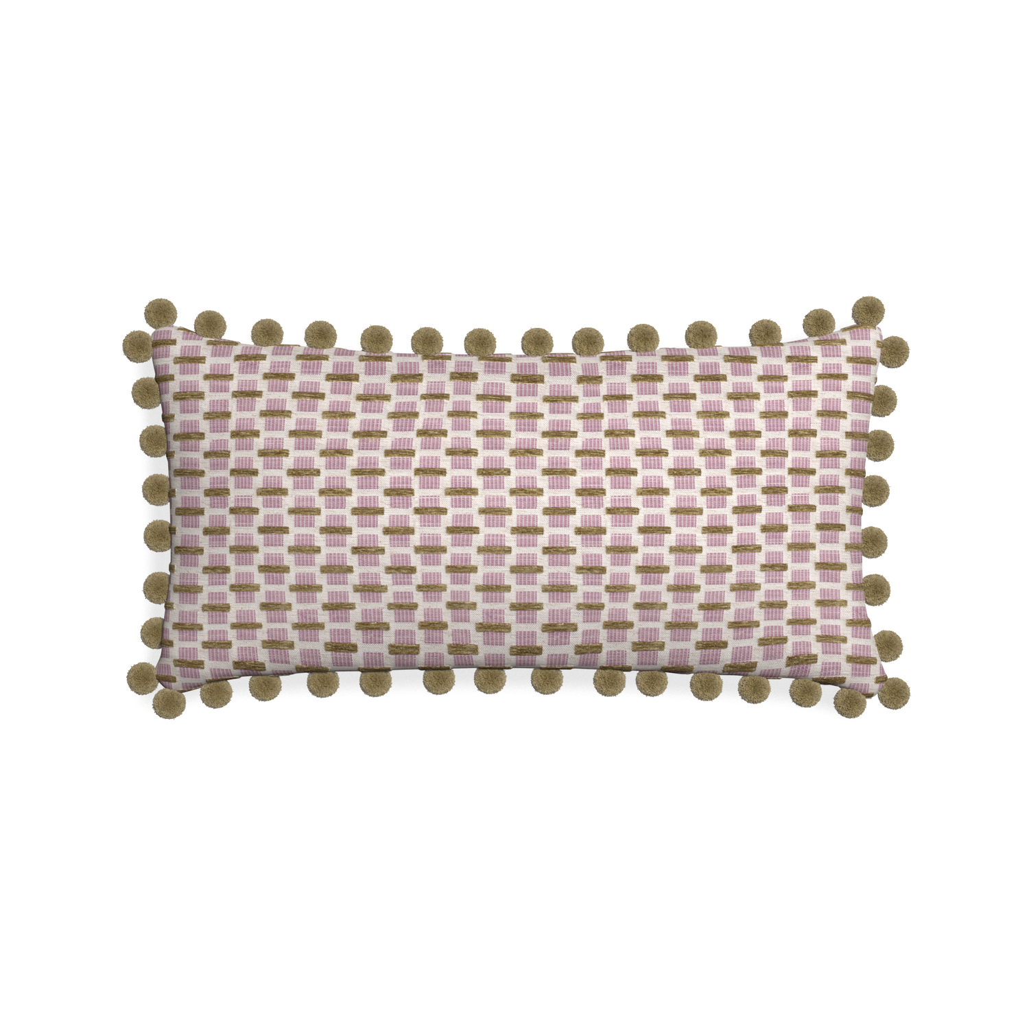 Midi-lumbar willow orchid custom pink geometric chenillepillow with olive pom pom on white background