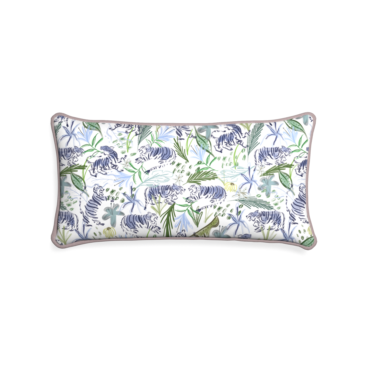 Midi-lumbar frida green custom green tigerpillow with orchid piping on white background