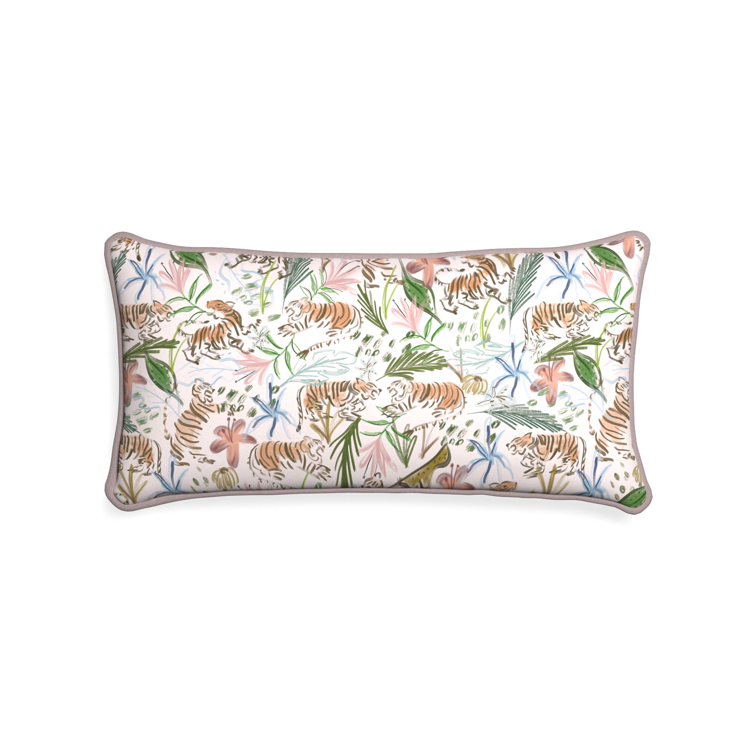 Midi-lumbar frida pink custom pink chinoiserie tigerpillow with orchid piping on white background