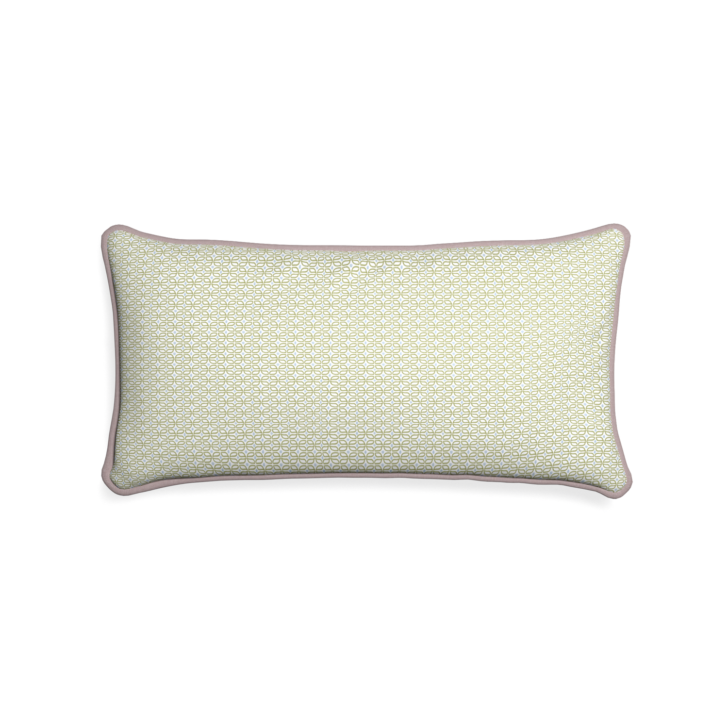 Midi-lumbar loomi moss custom moss green geometricpillow with orchid piping on white background