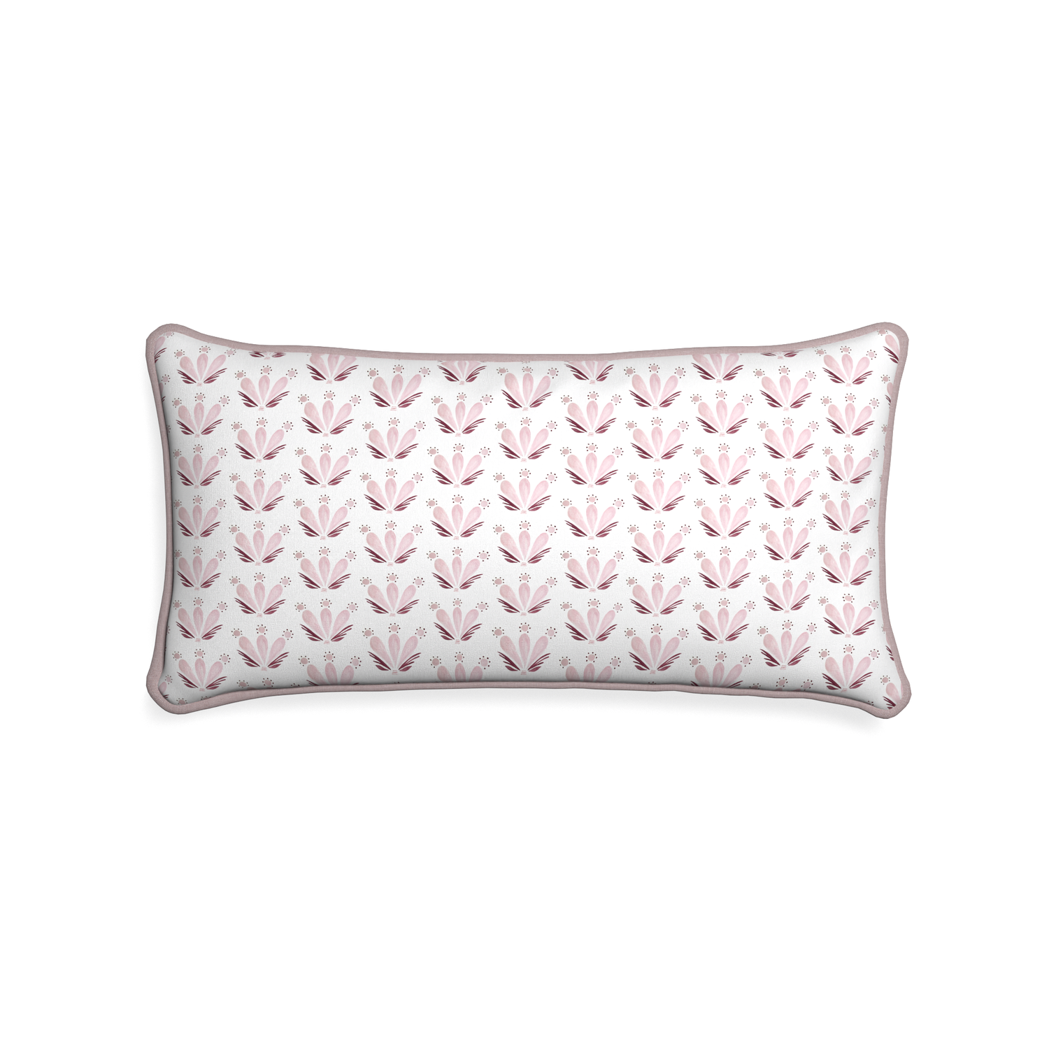 Midi-lumbar serena pink custom pink & burgundy drop repeat floralpillow with orchid piping on white background