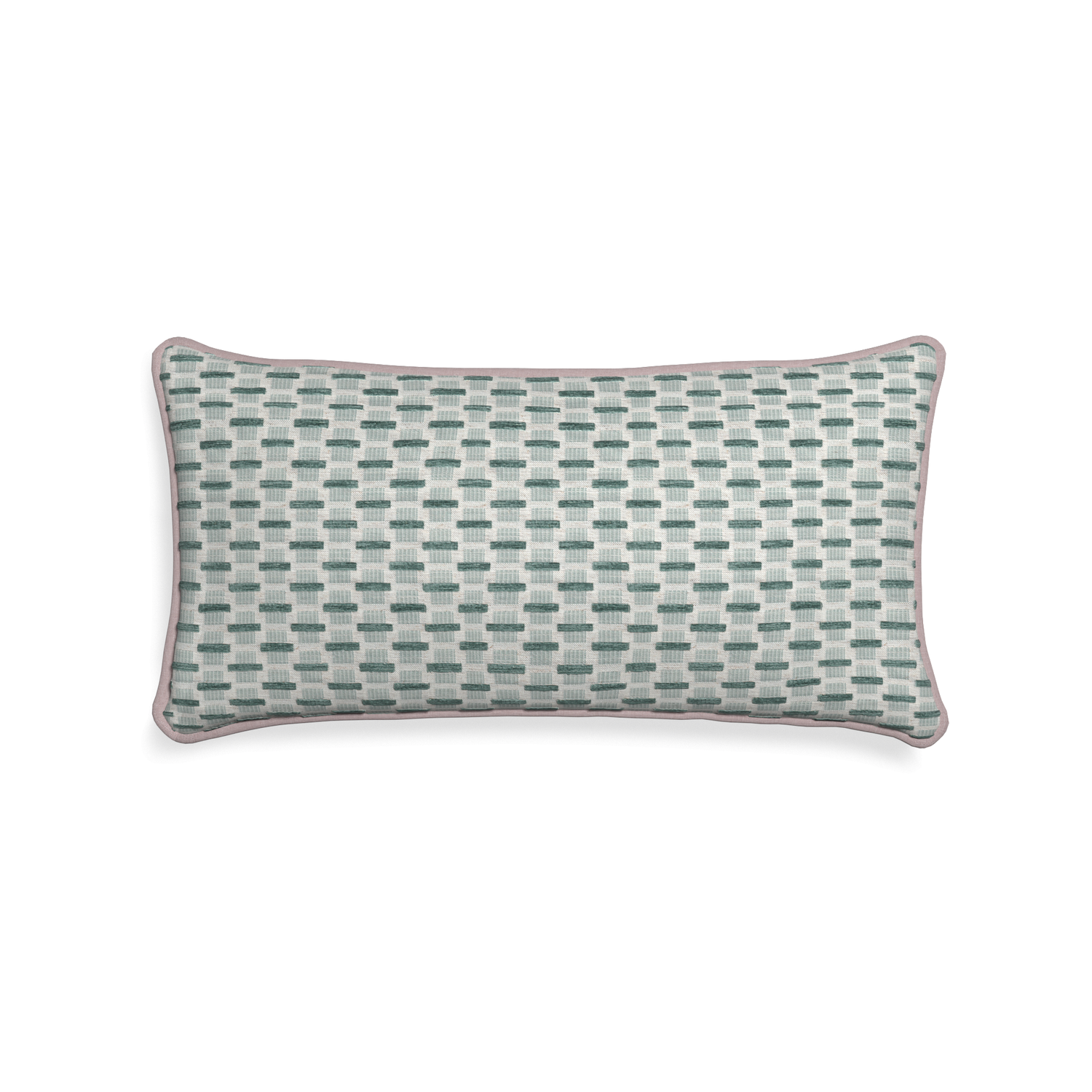 Midi-lumbar willow mint custom green geometric chenillepillow with orchid piping on white background