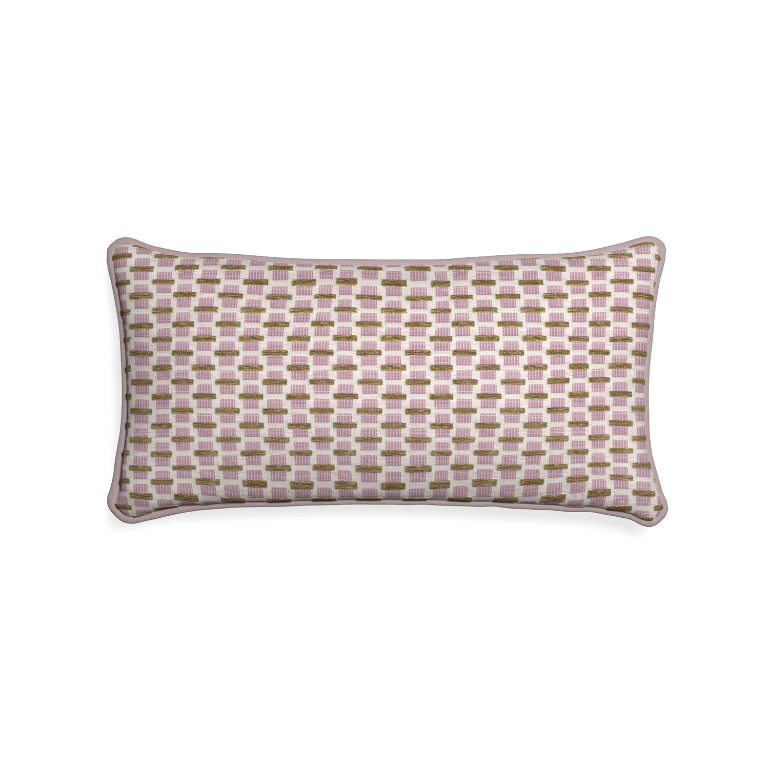 Midi-lumbar willow orchid custom pink geometric chenillepillow with orchid piping on white background