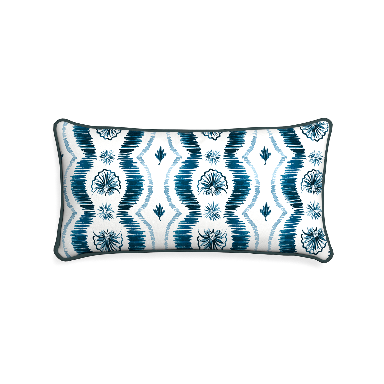 Midi-lumbar alice custom blue ikatpillow with p piping on white background
