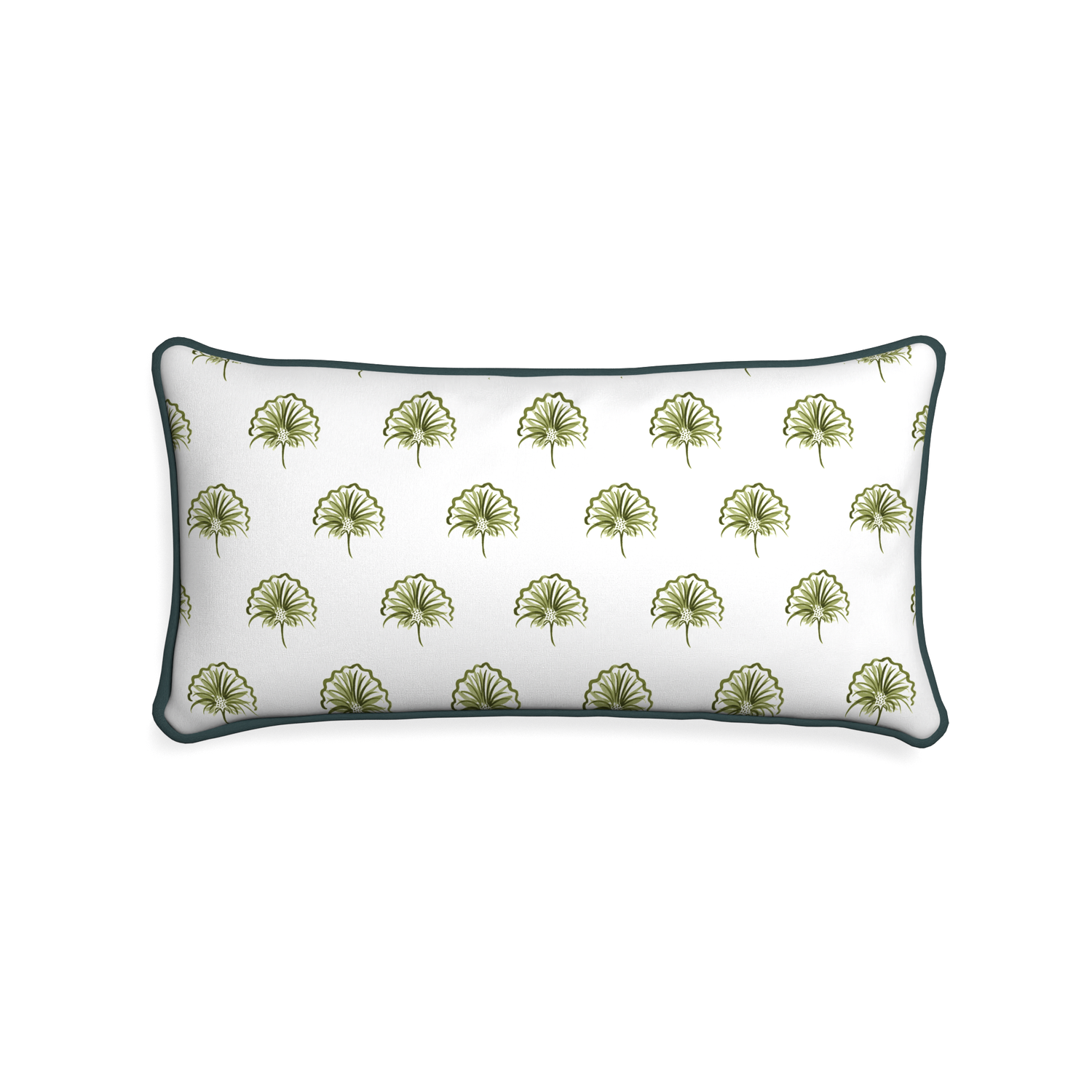 Midi-lumbar penelope moss custom green floralpillow with p piping on white background