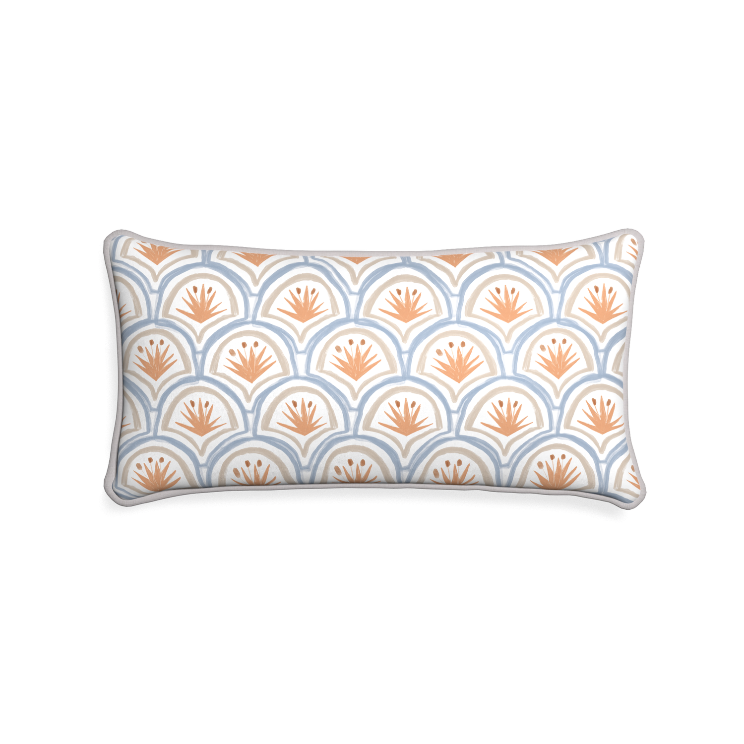 Midi-lumbar thatcher apricot custom art deco palm patternpillow with pebble piping on white background