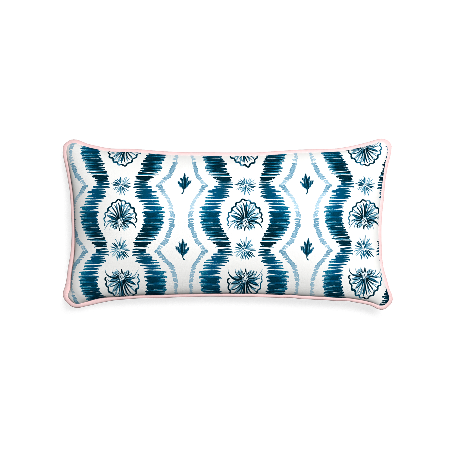 Midi-lumbar alice custom blue ikatpillow with petal piping on white background