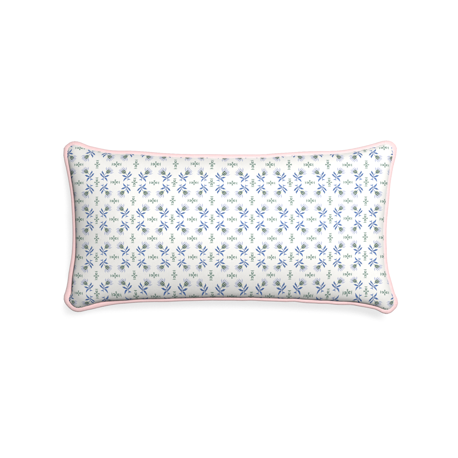 Midi-lumbar lee custom blue & green floralpillow with petal piping on white background