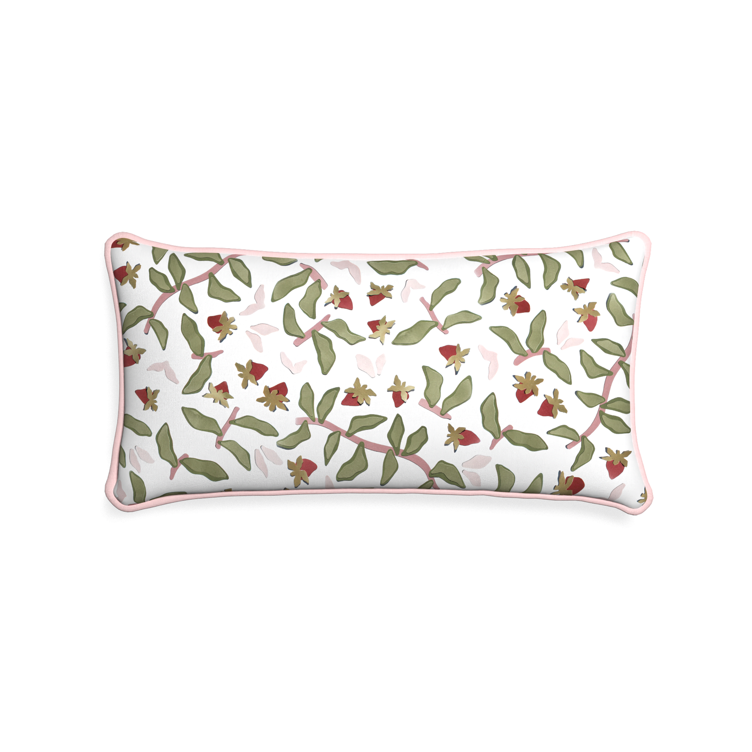 Midi-lumbar nellie custom strawberry & botanicalpillow with petal piping on white background