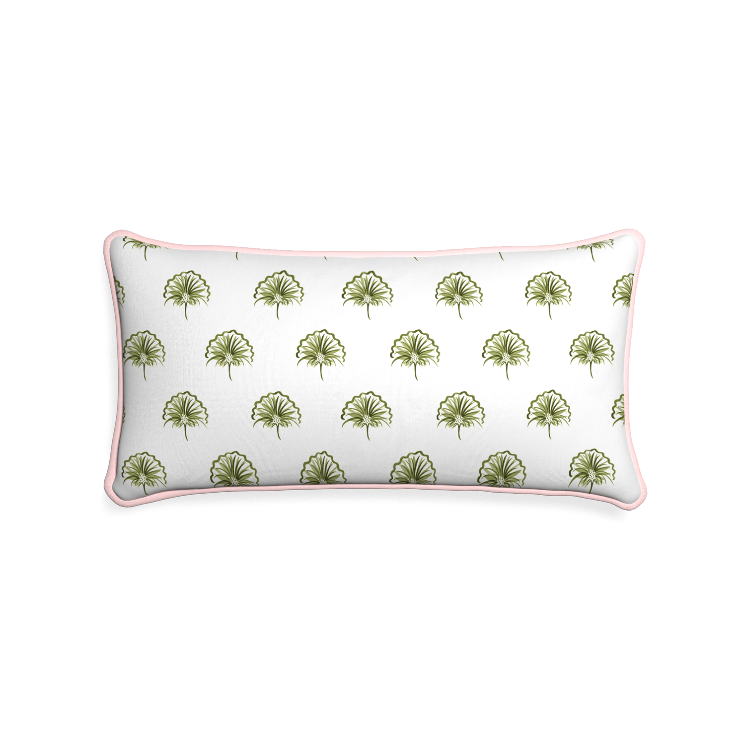 Midi-lumbar penelope moss custom green floralpillow with petal piping on white background