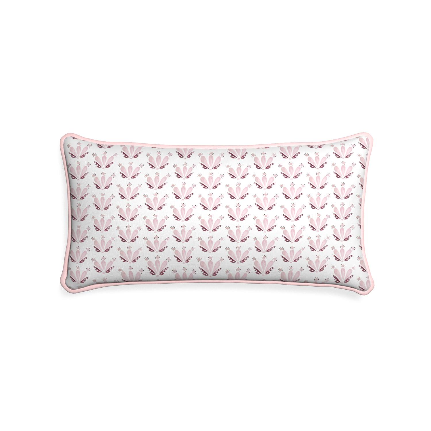 Midi-lumbar serena pink custom pink & burgundy drop repeat floralpillow with petal piping on white background