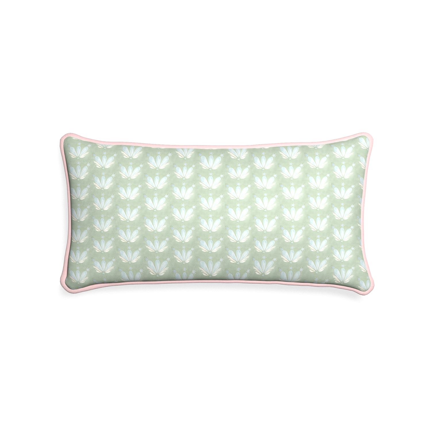 Midi-lumbar serena sea salt custom blue & green floral drop repeatpillow with petal piping on white background