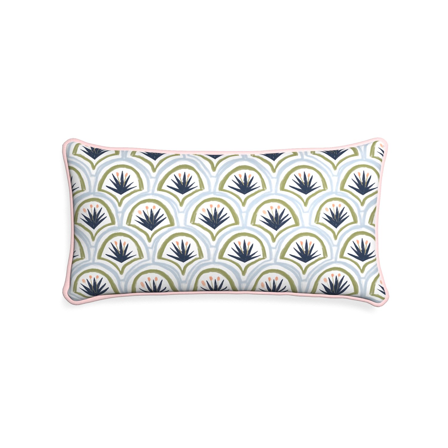 Midi-lumbar thatcher midnight custom art deco palm patternpillow with petal piping on white background