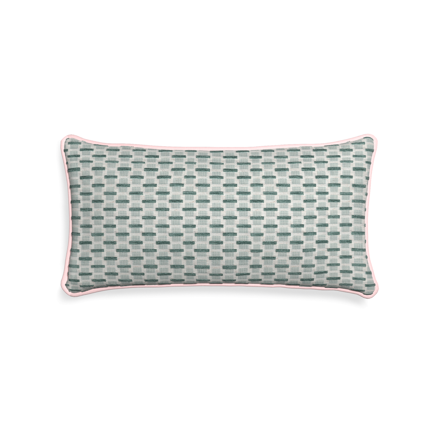 Midi-lumbar willow mint custom green geometric chenillepillow with petal piping on white background