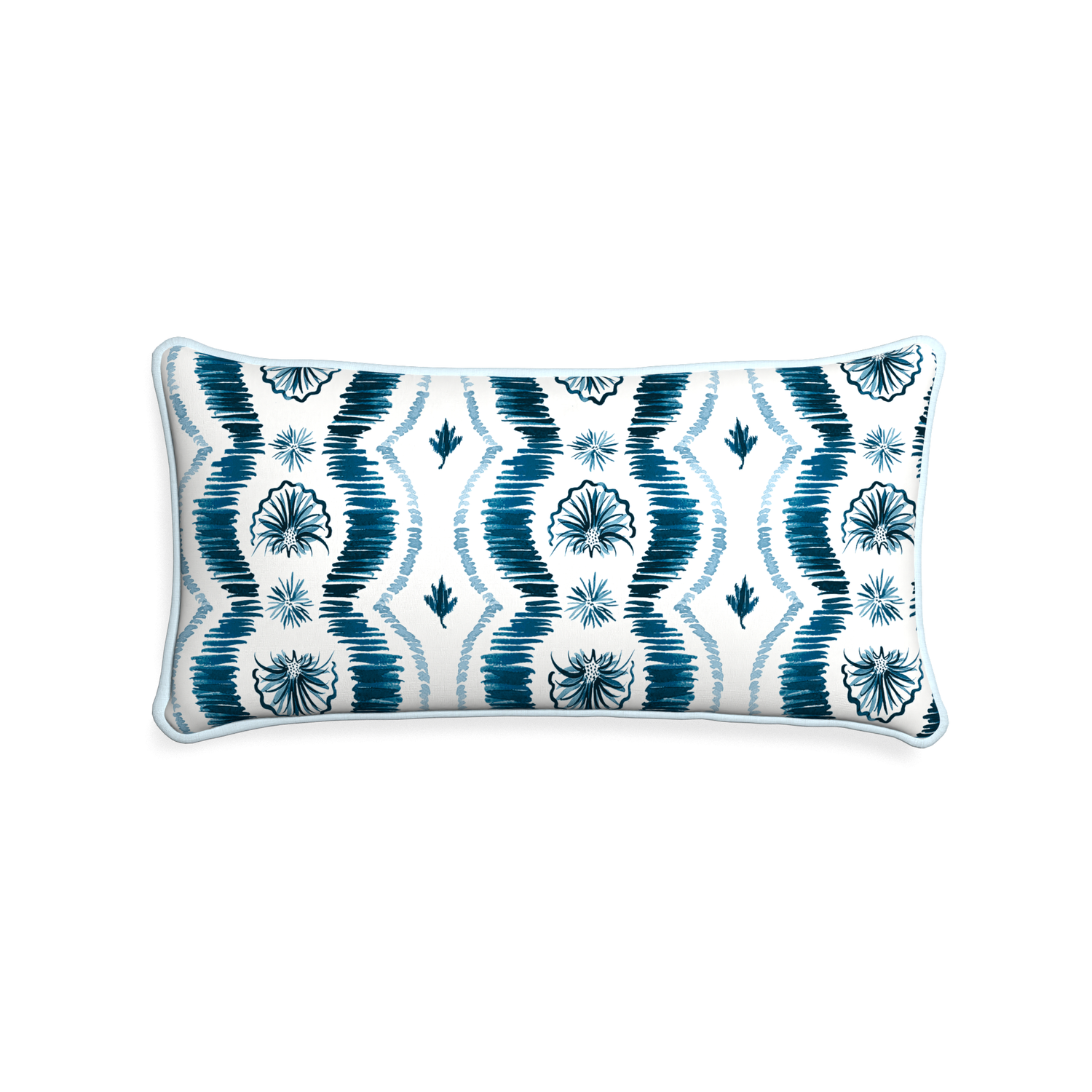 Midi-lumbar alice custom blue ikatpillow with powder piping on white background