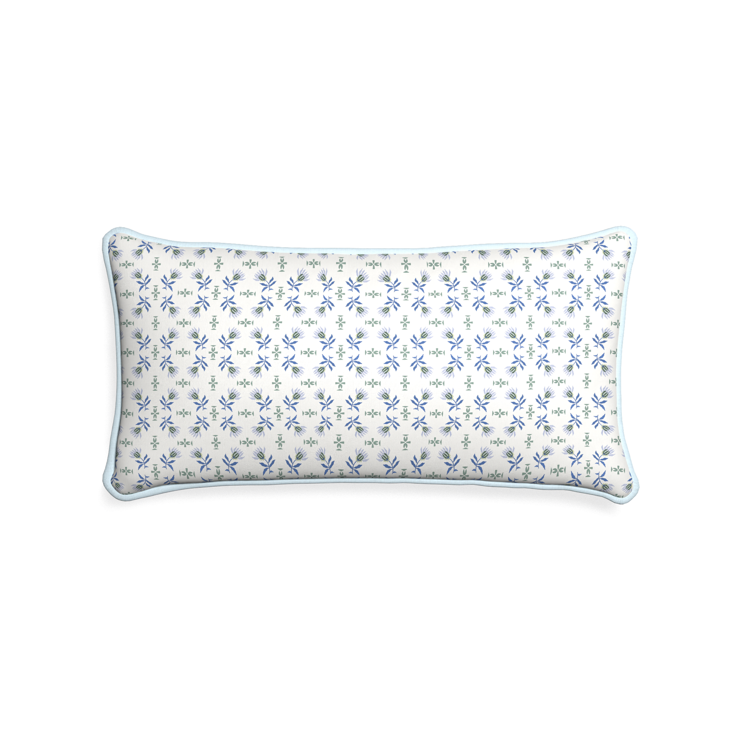 Midi-lumbar lee custom blue & green floralpillow with powder piping on white background