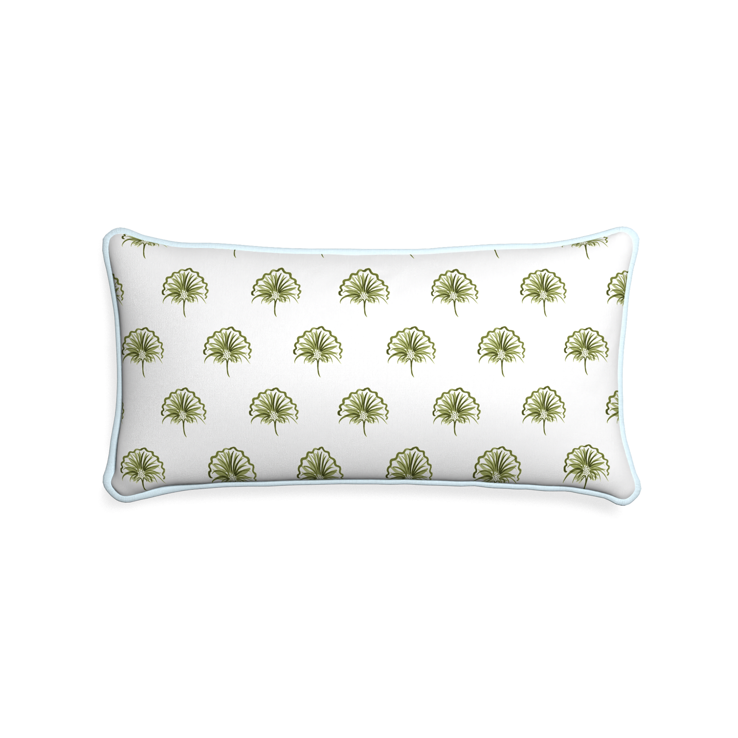 Midi-lumbar penelope moss custom green floralpillow with powder piping on white background