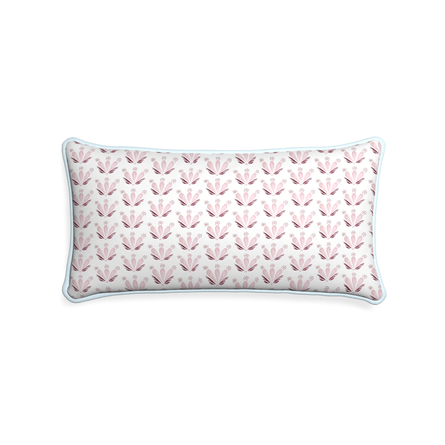 Midi-lumbar serena pink custom pink & burgundy drop repeat floralpillow with powder piping on white background
