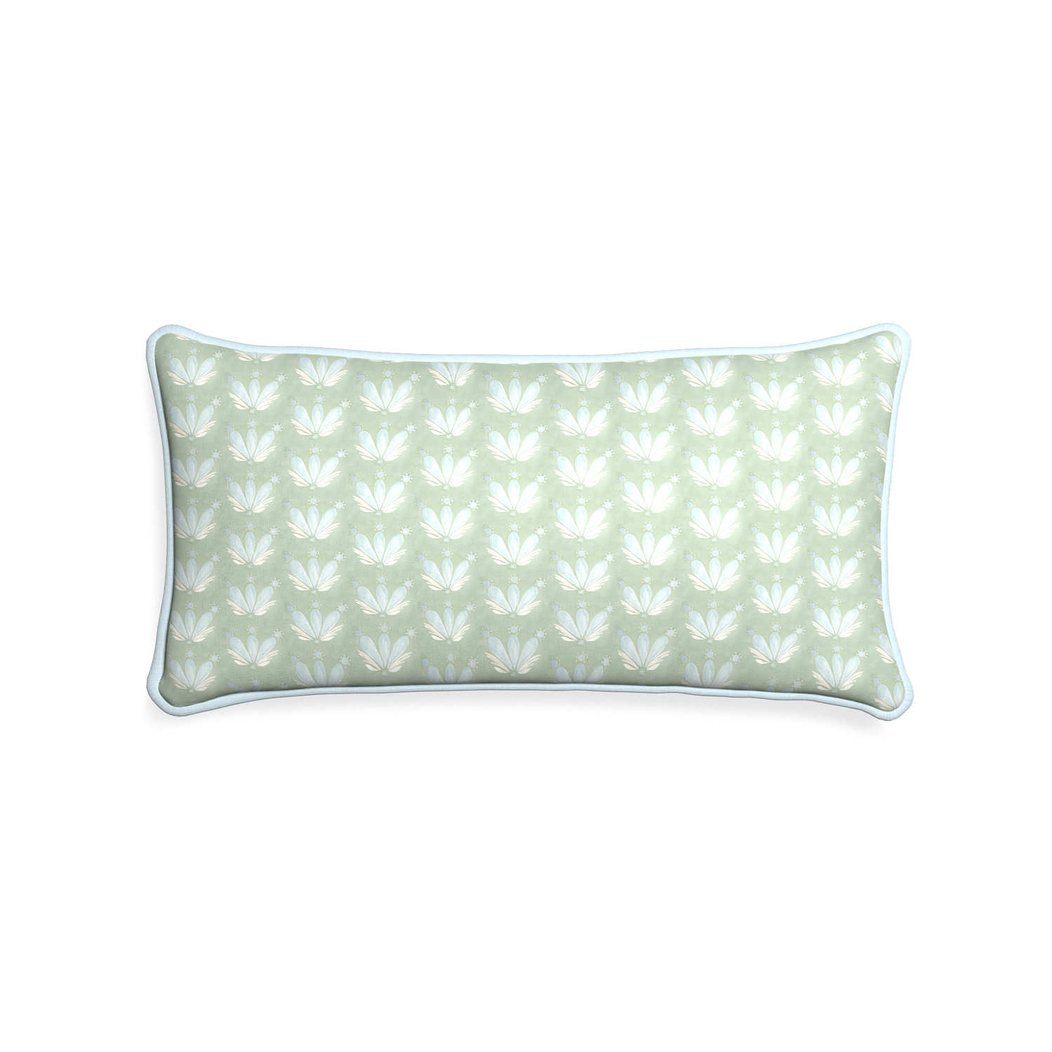 Midi-lumbar serena sea salt custom blue & green floral drop repeatpillow with powder piping on white background