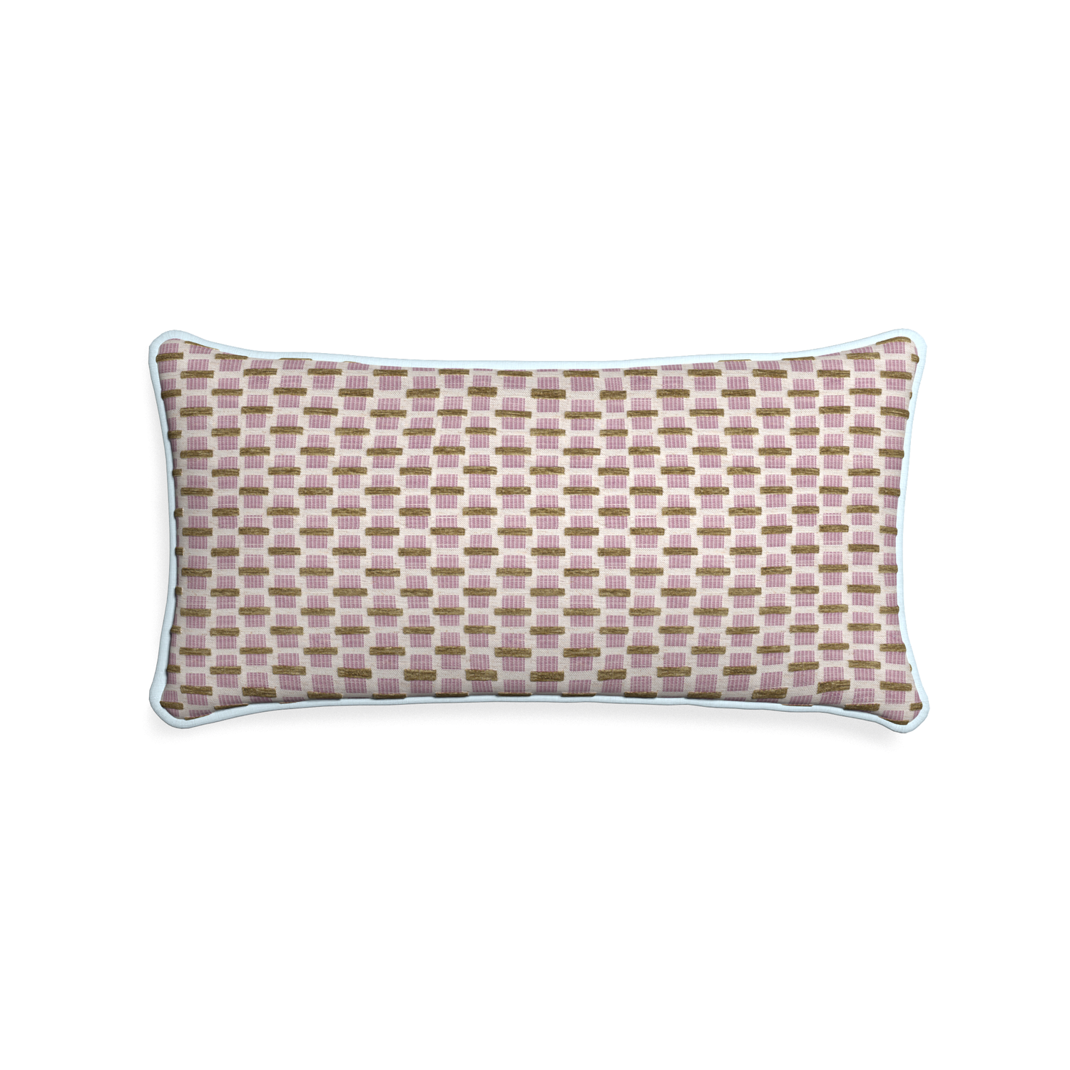 Midi-lumbar willow orchid custom pink geometric chenillepillow with powder piping on white background