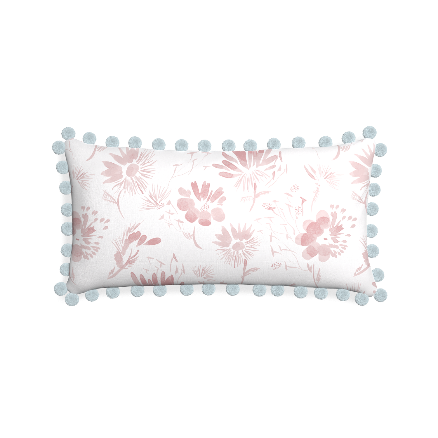 Midi-lumbar blake custom pink floralpillow with powder pom pom on white background