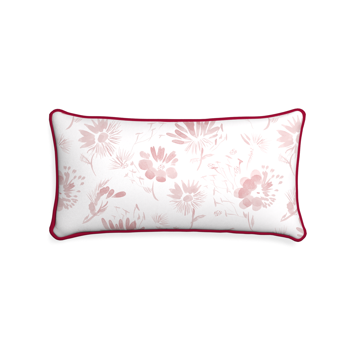 Midi-lumbar blake custom pink floralpillow with raspberry piping on white background
