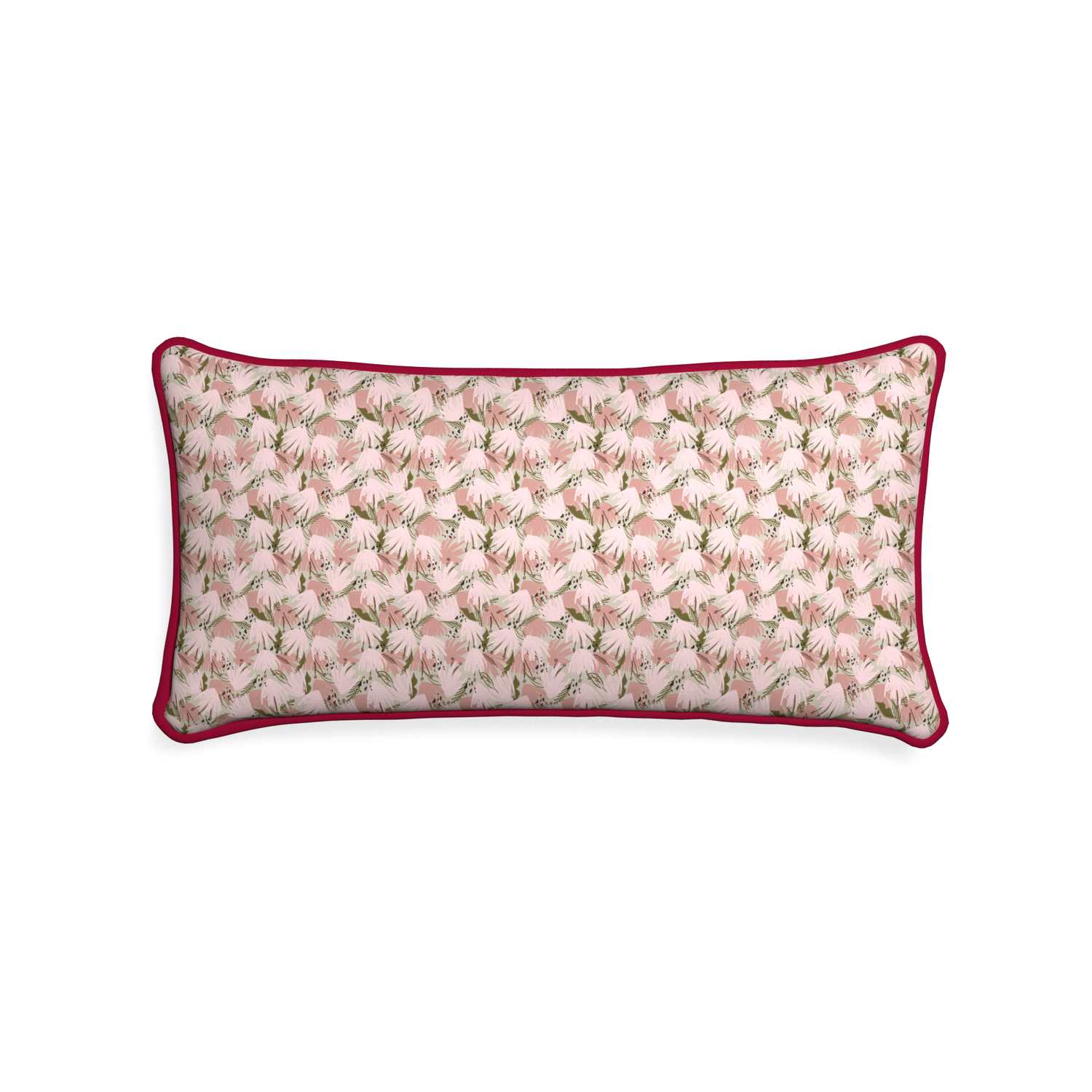 Midi-lumbar eden pink custom pink floralpillow with raspberry piping on white background