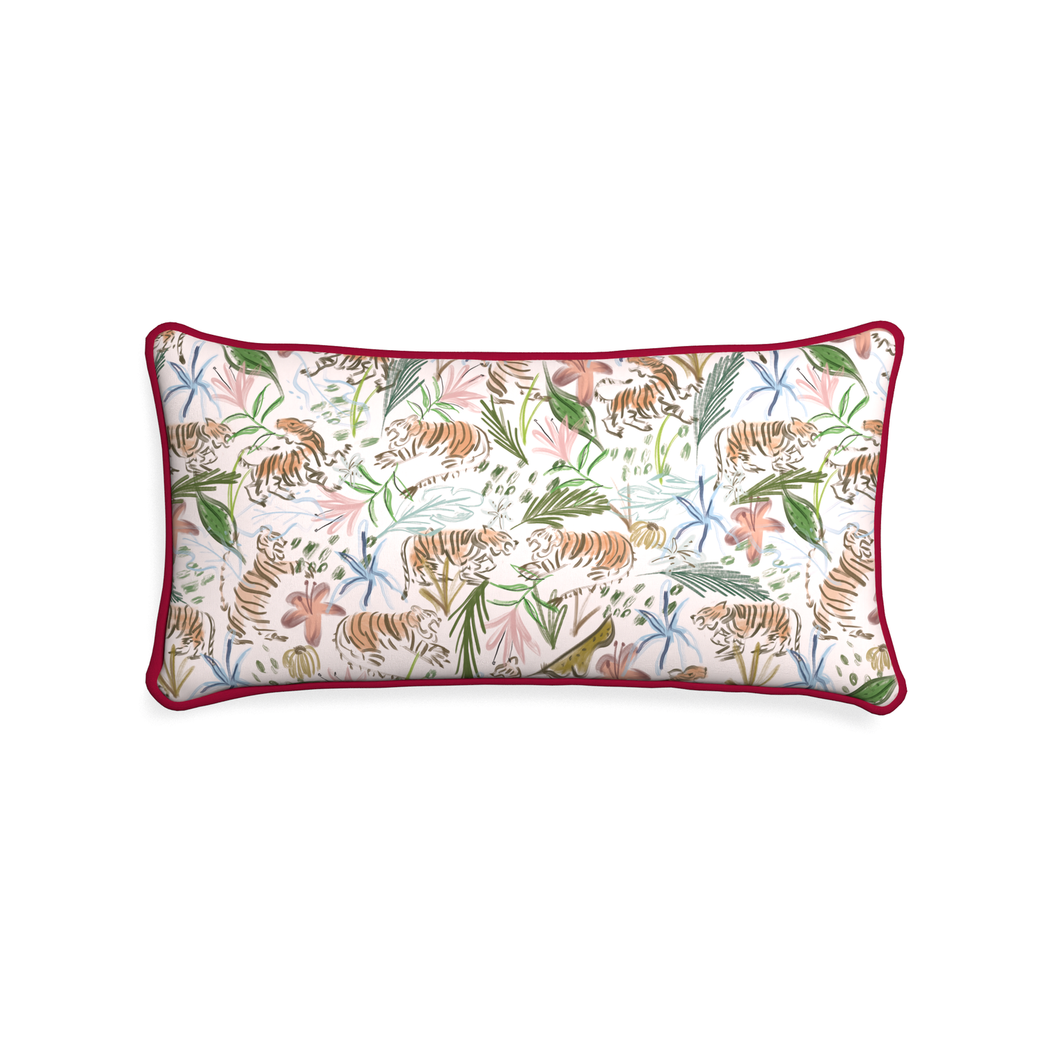 Midi-lumbar frida pink custom pink chinoiserie tigerpillow with raspberry piping on white background