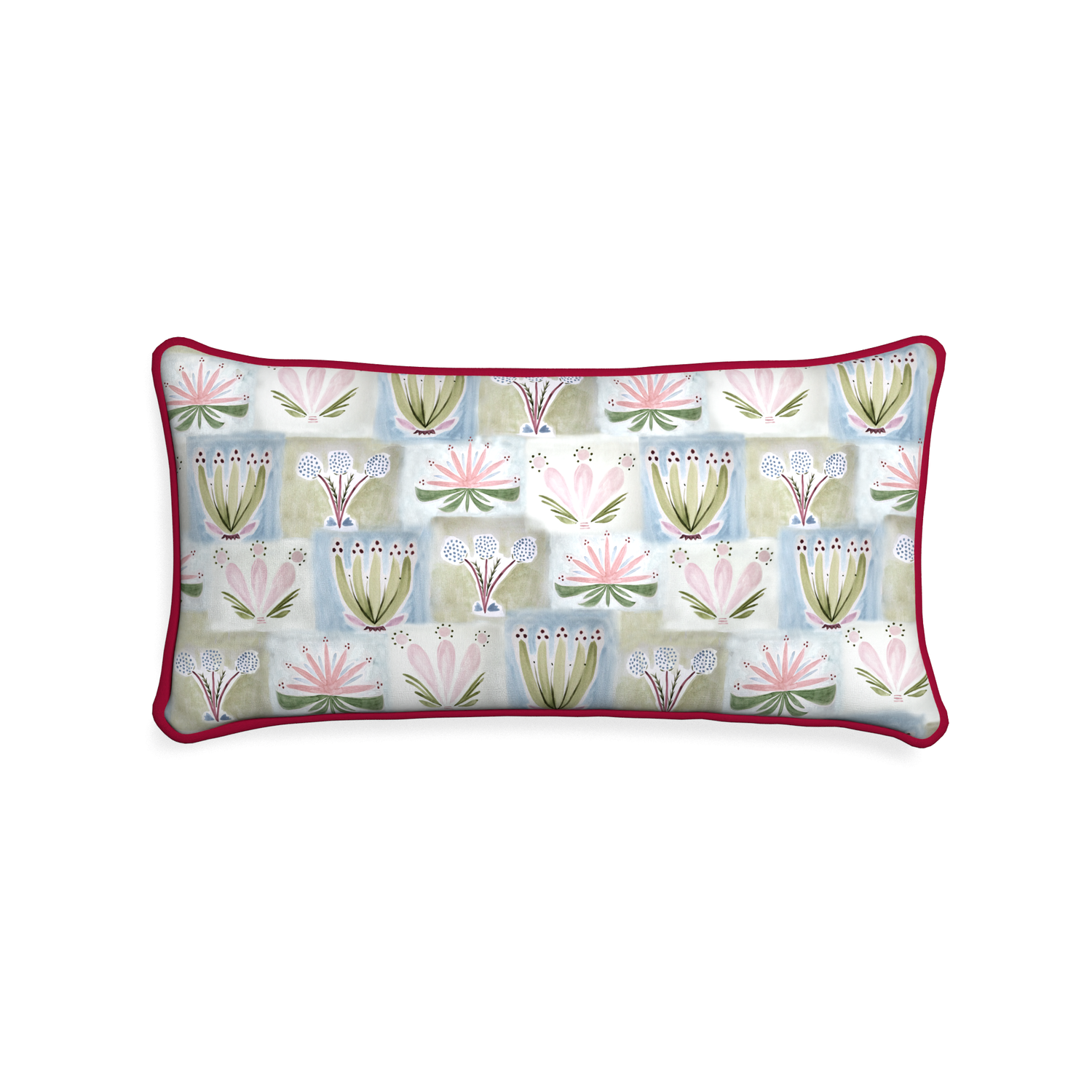 Midi-lumbar harper custom hand-painted floralpillow with raspberry piping on white background