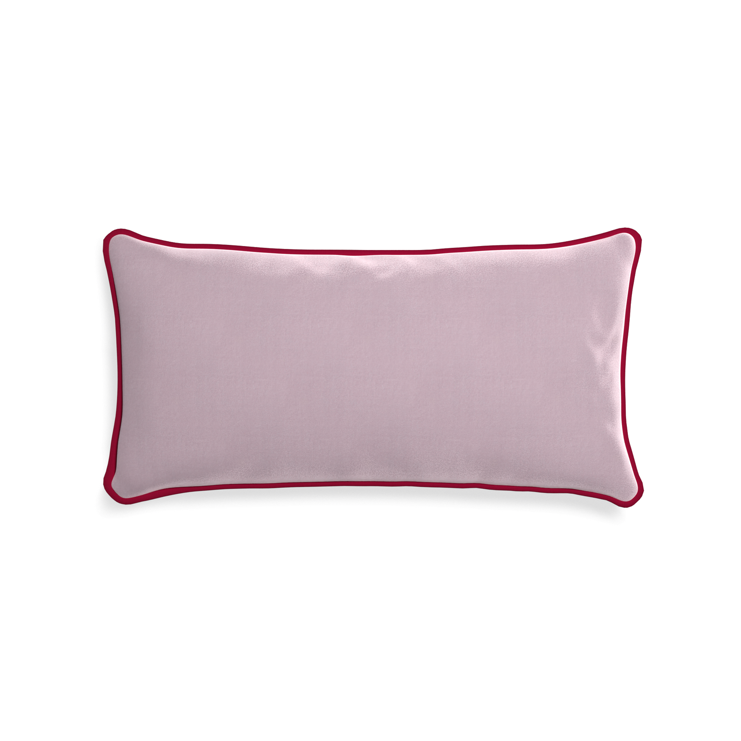 Midi-lumbar lilac velvet custom lilacpillow with raspberry piping on white background