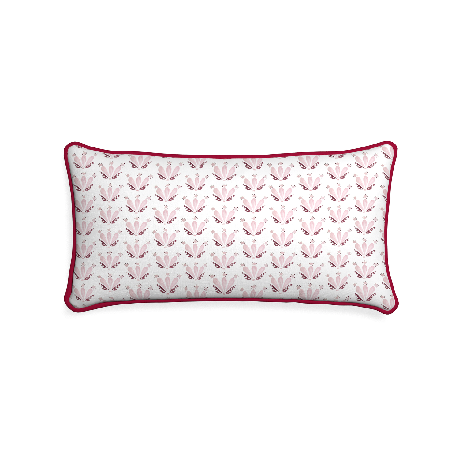 Midi-lumbar serena pink custom pink & burgundy drop repeat floralpillow with raspberry piping on white background