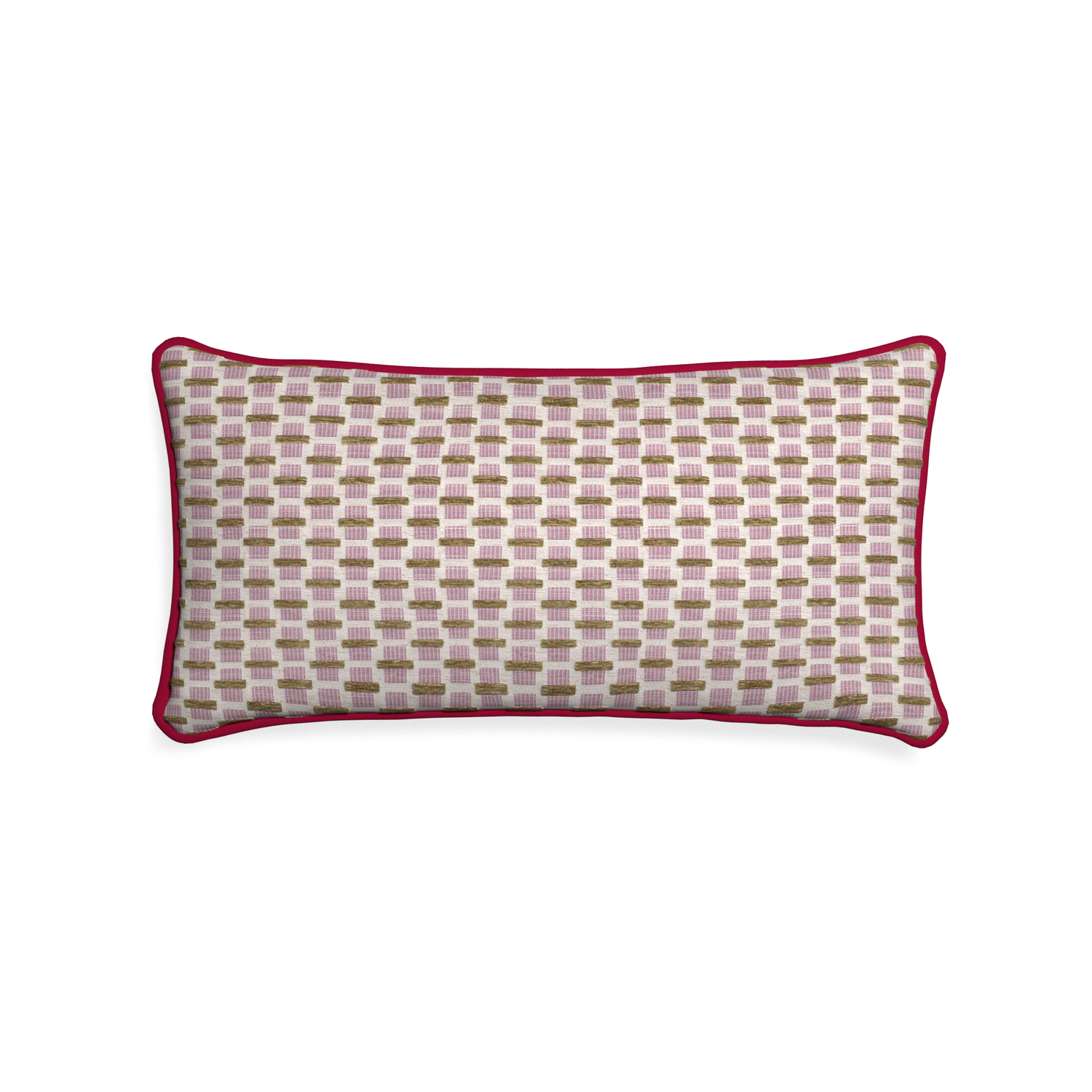 Midi-lumbar willow orchid custom pink geometric chenillepillow with raspberry piping on white background