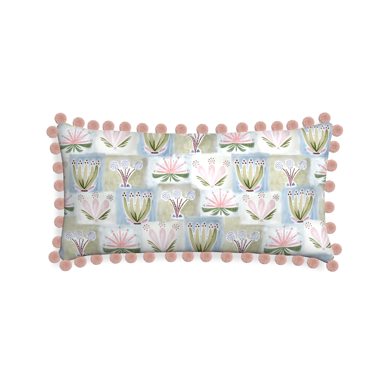 Midi-lumbar harper custom hand-painted floralpillow with rose pom pom on white background