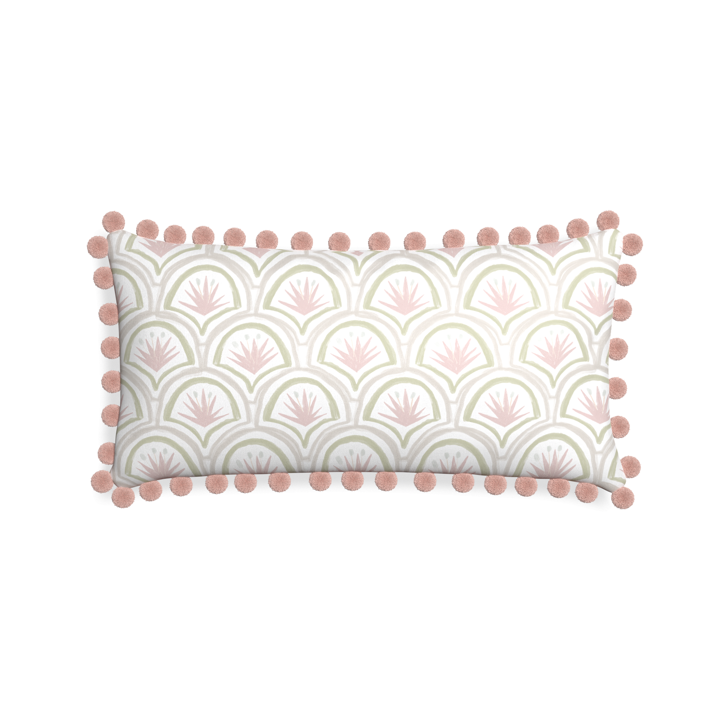 pink and green art deco palm lumbar pillow with rose pink pom poms