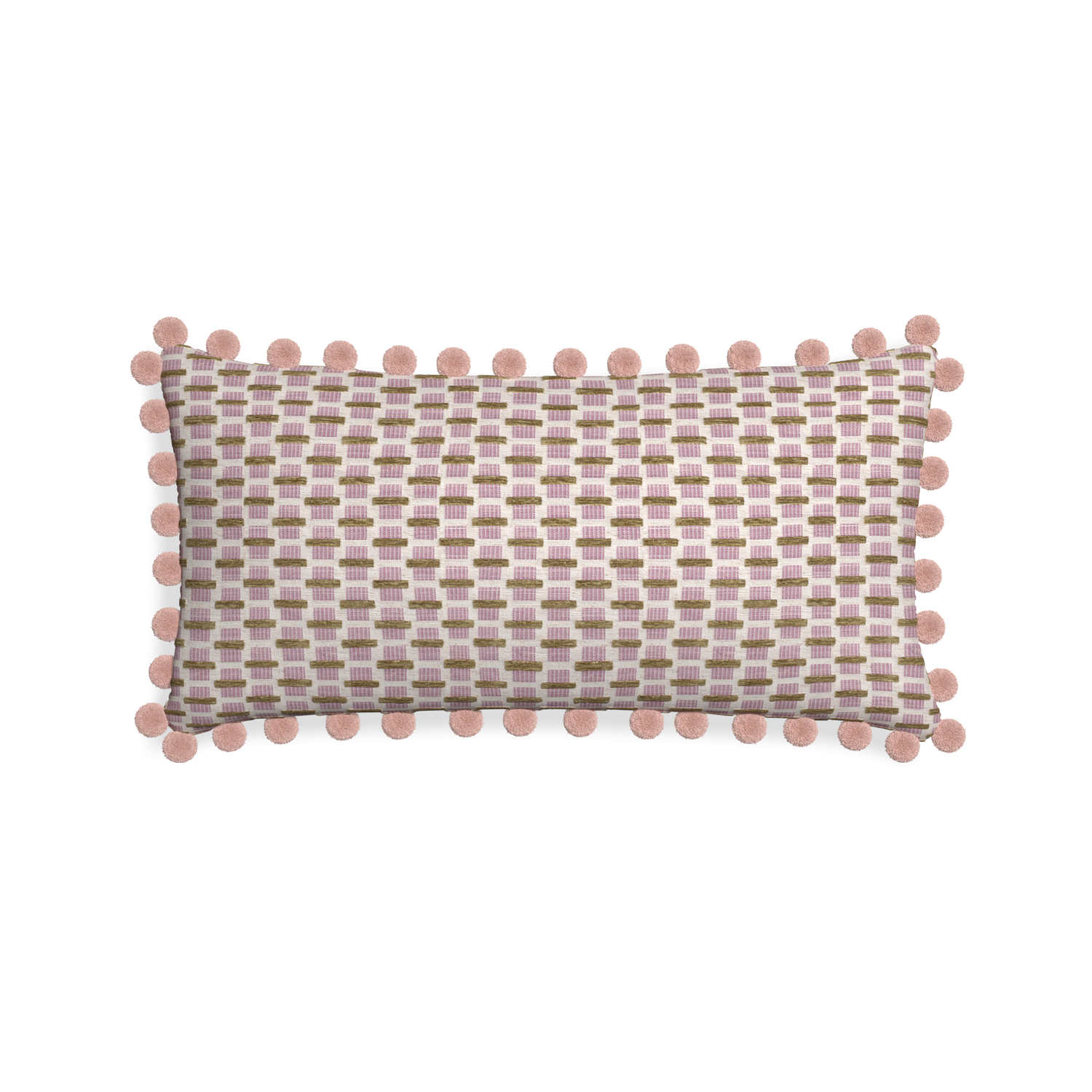 Midi-lumbar willow orchid custom pink geometric chenillepillow with rose pom pom on white background
