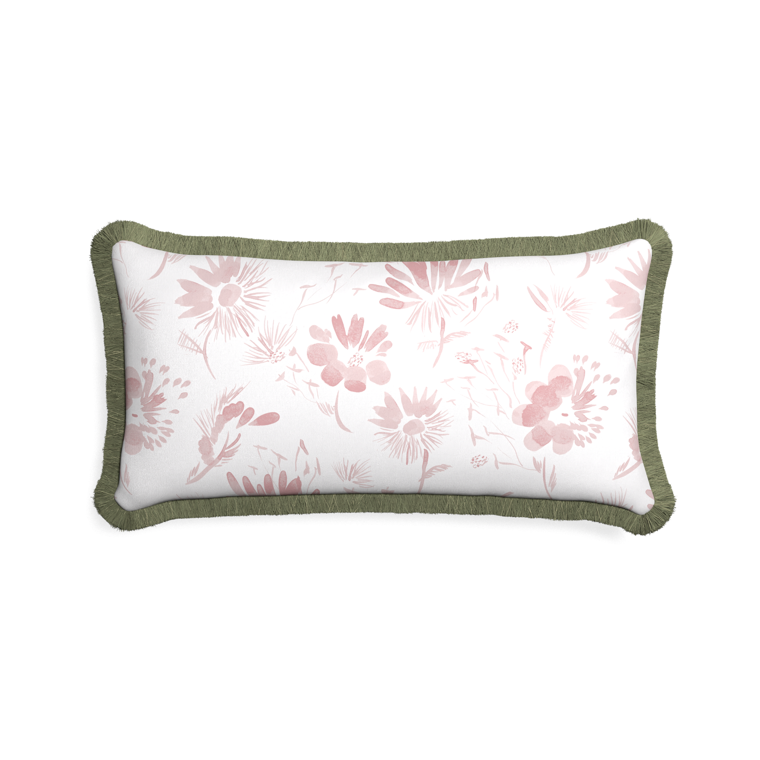 Midi-lumbar blake custom pink floralpillow with sage fringe on white background