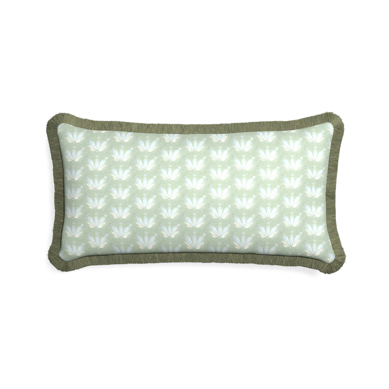 Midi-lumbar serena sea salt custom blue & green floral drop repeatpillow with sage fringe on white background