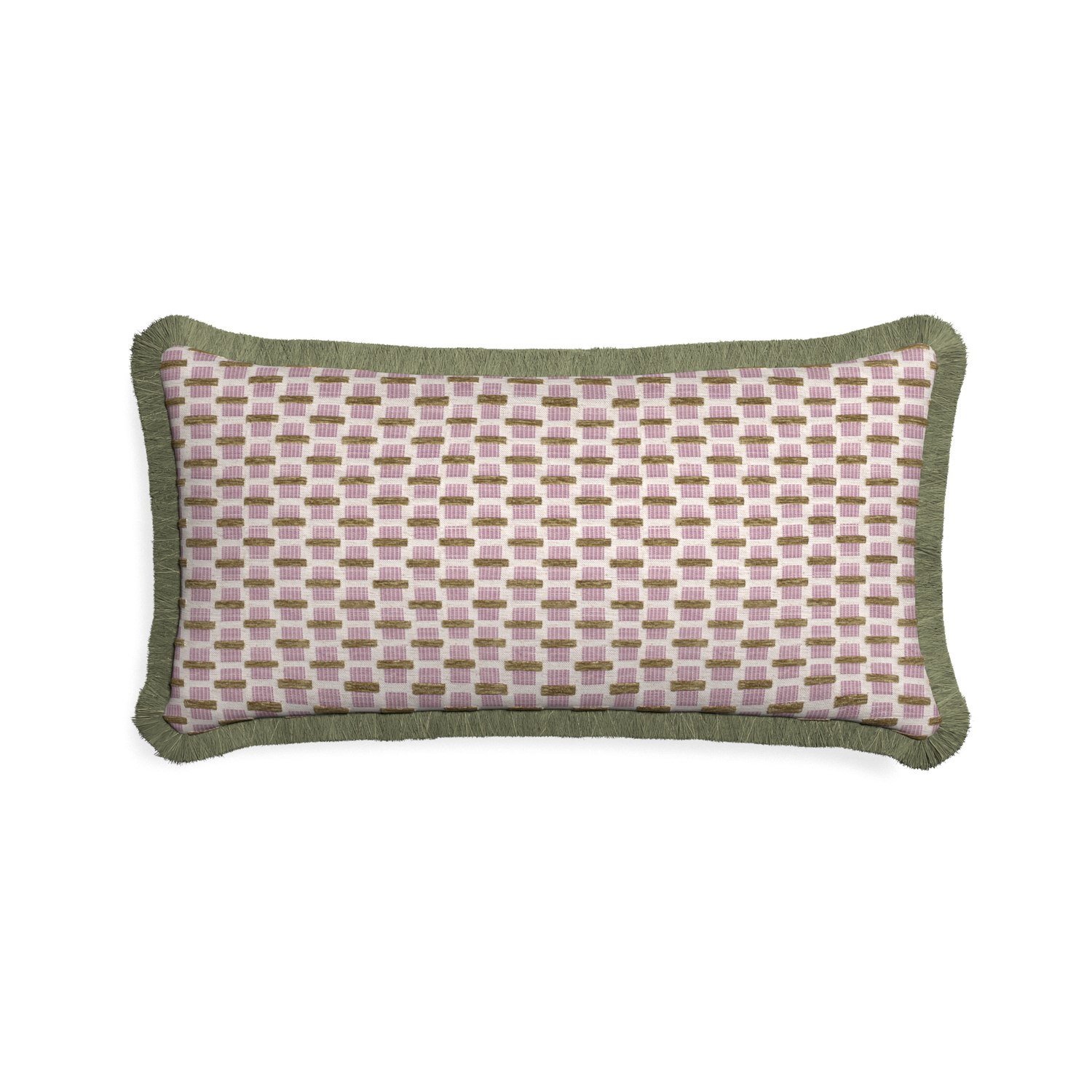 Midi-lumbar willow orchid custom pink geometric chenillepillow with sage fringe on white background