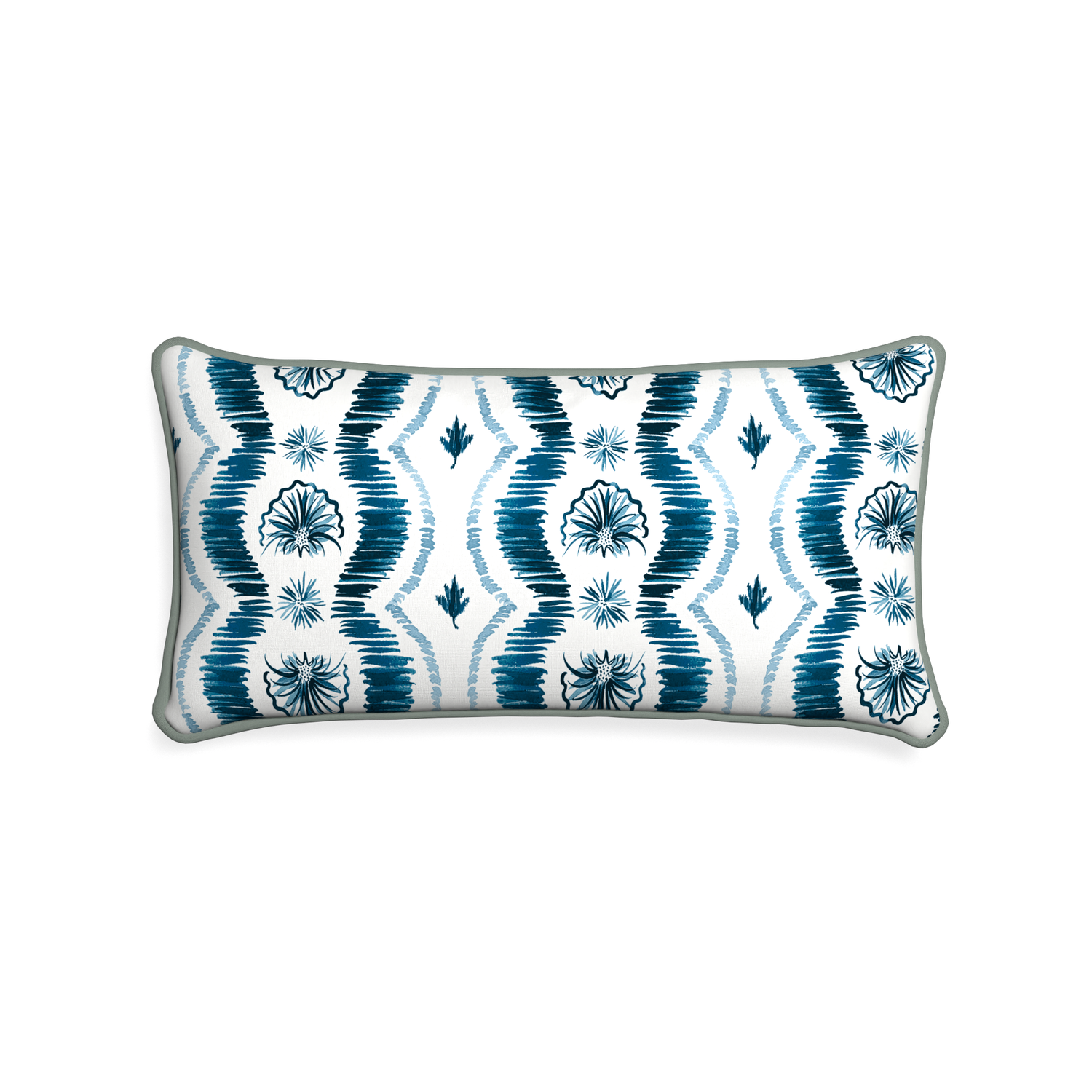 Midi-lumbar alice custom blue ikatpillow with sage piping on white background