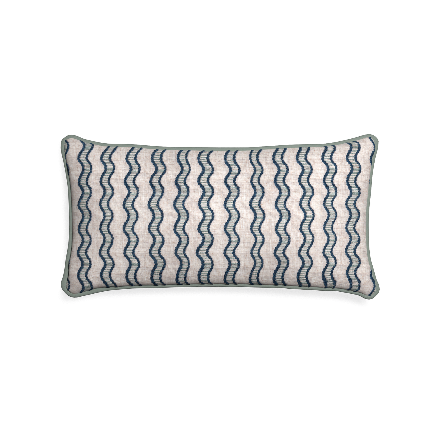 Midi-lumbar beatrice custom embroidered wavepillow with sage piping on white background